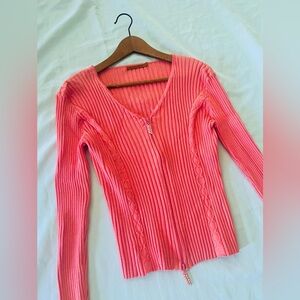Y2K Fitted Rhinestone Coral Cardigan | Ribbed 2000s Preppy Lizzie McGuire Style